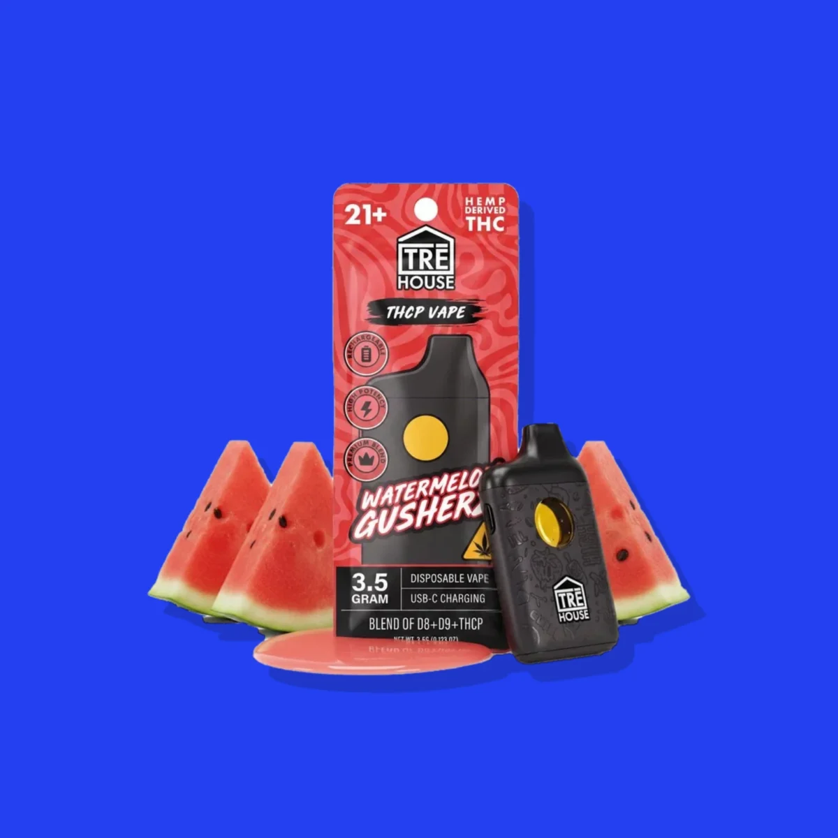 Watermelon Gusherz THC-P di Tre House, la confezione su fondo blu