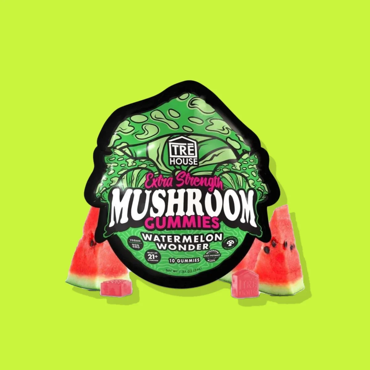 Watermelon Wonder Mushroom Gummies di Tre House, la confezione su fondo lime