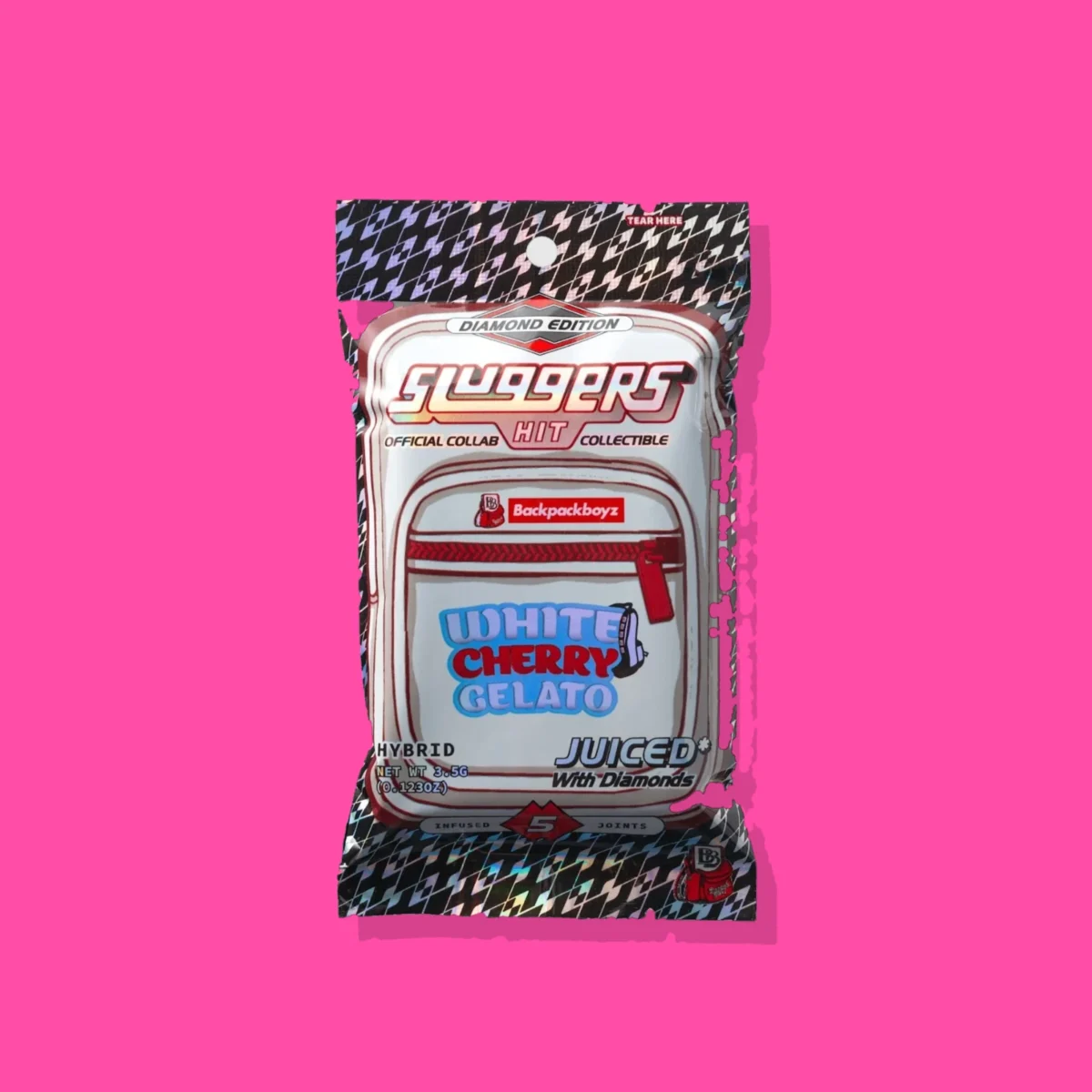 White Cherry Gelato Pre-roll di Sluggers, la confezione su fondo fucsia