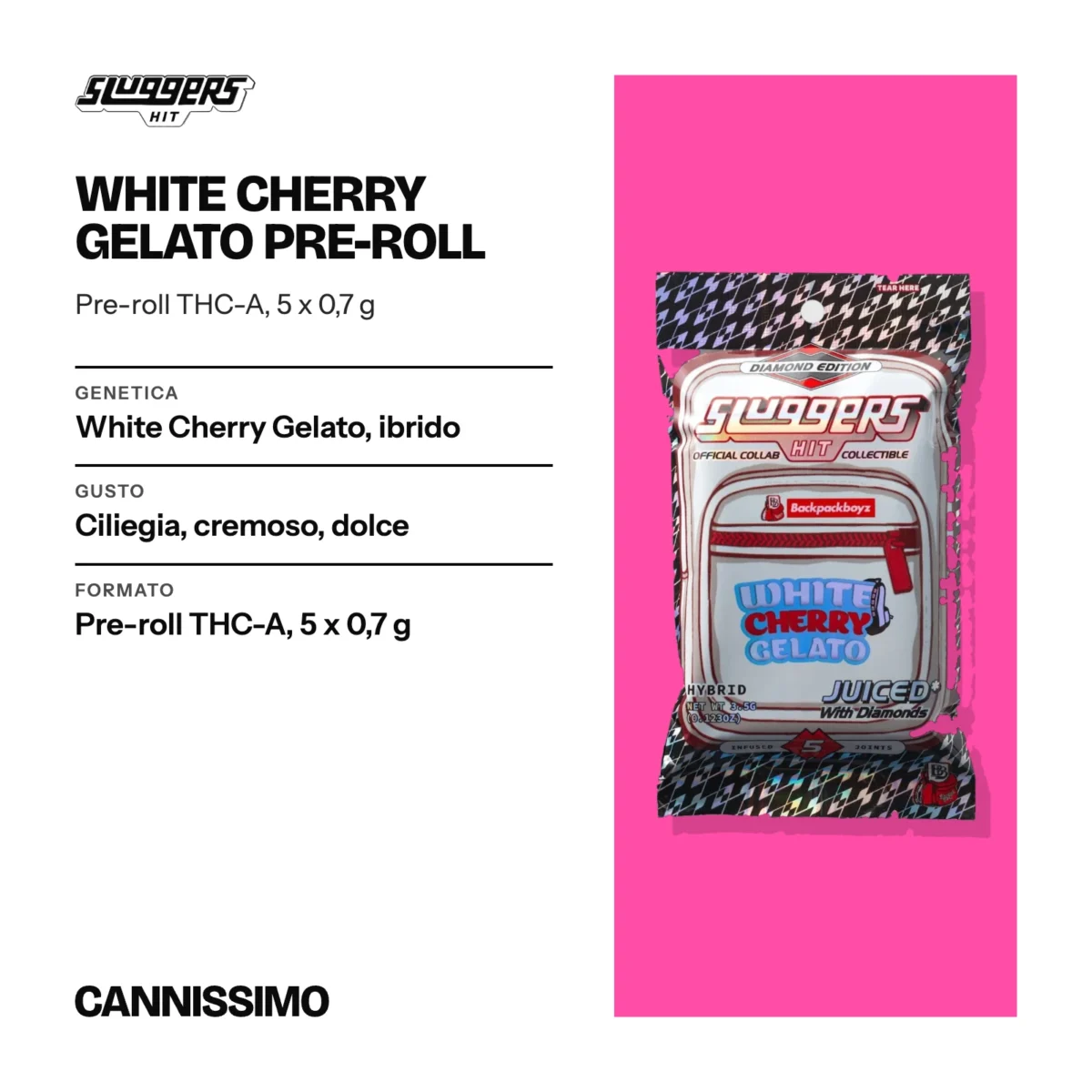 Scheda di White Cherry Gelato Pre-roll, Sluggers. Genetica white Cherry Gelato, ibrido; gusto ciliegia, cremoso, dolce; formato pre-roll THC-A, 5 x 0,7 g.
