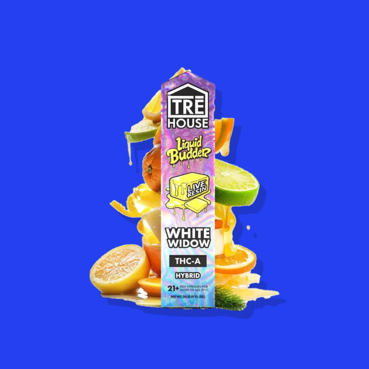White Widow Liquid Budder di Tre House, la confezione su fondo blu